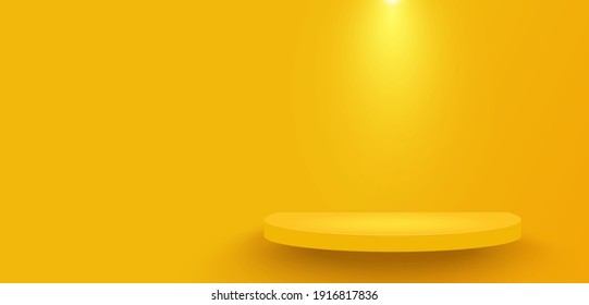 Yellow platform decorated with lighting on yellow wall background. Pedestal scene with for product, advertising, show. The semicircular geometric base for your graphic. Vector illustration.