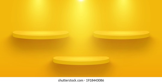 Yellow platform decorated with lighting on yellow wall background. Three pedestal scene with for product, advertising, show. Semicircular geometric base for your graphic. Vector illustration.