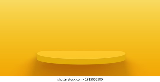 Yellow platform on yellow wall background. Pedestal scene with for product, advertising, show, award ceremony. Semicircular geometric base for your graphic. Vector illustration.