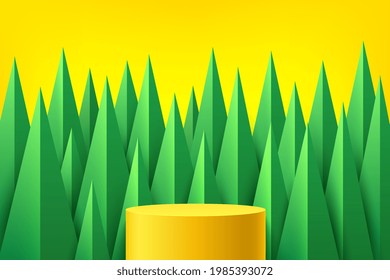 Podio de plataforma amarilla. La forma del triángulo verde se solapa sobre el fondo amarillo. Resumen de la escena en la pared. Concepto de verano natural peatonal geométrico. Forma 3d de representación vectorial para la presentación del producto.