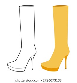 Bota de tacón de aguja de plataforma amarilla para mujer con línea plana plus. Plataforma alta con tacón puntiagudo de invierno glamuroso. Ilustración de moda técnica Maqueta CAD Vector mixto hombres unisex estilo chic aislado