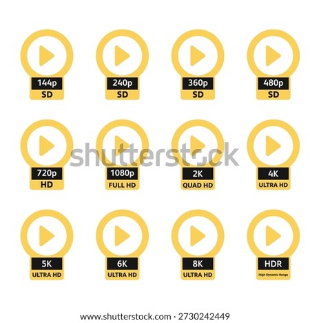 Yellow play button video resolution icons set showing SD, HD, Full HD, 2K, 4K, 5K, 6K, 8K and HDR quality levels