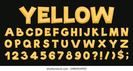 Yellow playful alphabet in Y2K style. 3D rendering of plump letters, plastic glossy reflective texture. Vector illustration.