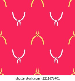 Yellow Pliers tool icon isolated seamless pattern on red background. Pliers work industry mechanical plumbing tool.  Vector Illustration
