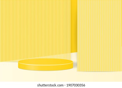 Fondo de podio amarillo con sombra geométrica de podio en el suelo. Formas de plataformas para presentación de productos estilo mínimo Diseño de composición abstracta, vitrina, espacio de copia, vector 3d 