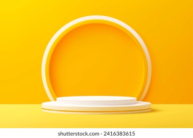 Yellow podium or stage, product display stand, platform or pedestal on vector background with wall, white arch. 3d show room, realistic podium with round geometric base, stage for product presentation