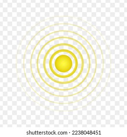 Yellow point with concentric circles. Symbol of aim, target, pain, healing, hurt, painkilling. Round localization icon. Radar, sound or sonar wave sign on transparent background. Vector illustration