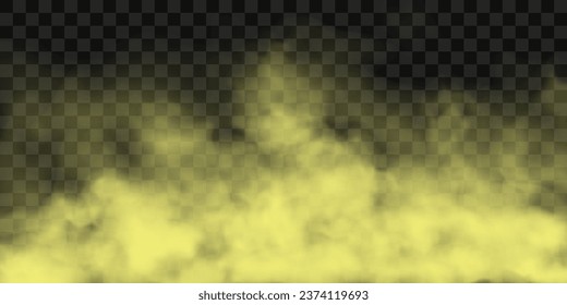 Yellow poisonous cloud of gas, fog or smoke. Realistic vector illustration, isolated on transparent background. 