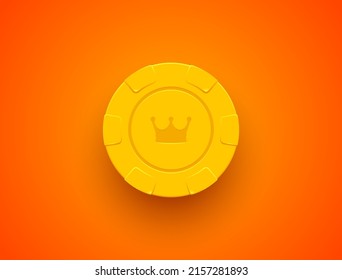 Yellow poker chip glossy black jack poker club casino crown emblem isolated on orange background. Bright casino chip icon design. Cartoon style background