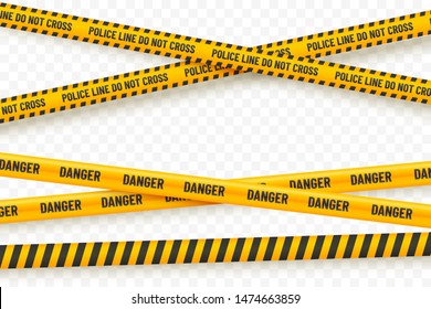 Yellow police tape isolated on transparent background. Crime scene tape vector illustration. Black and yellow police stripes. Danger zone designation. Element for your design. svg