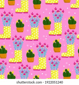 
Yellow polka dot boots filled with flowers, cactus in a pot blooms with yellow flowers, seamless floral pattern, vector illustration in cartoon style, hand draw.