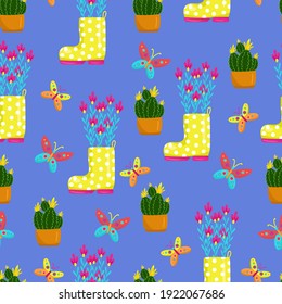 

Yellow polka dot boots filled with flowers, butterfly, cactus in a pot blooms with yellow flowers, seamless floral pattern, vector illustration in cartoon style, hand draw.