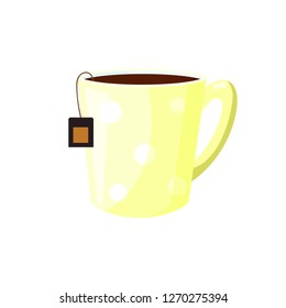 Yellow polka dot tea cup illustration. Mug, hot drink, tea. Drinking concept. Vector illustration can be used for topics like cafe, cooking, drinking, kitchen