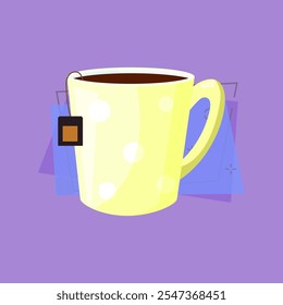 Ilustración de taza de té de lunares amarillos. Taza, bebida caliente, té. Concepto de bebida. La Ilustración vectorial se puede utilizar para temas como café, cocina, beber, cocina