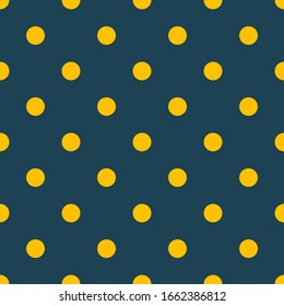 Yellow polka dots on dark blue background seamless pattern. Vector illustration.