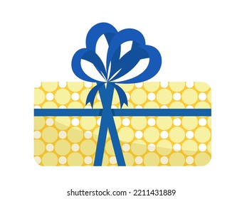 Yellow polka dots present with big blue bow. Birthday gift. Flat, cartoon. Isolated vector illustration eps 10