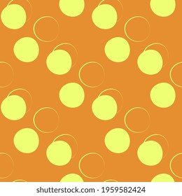 Yellow polka dots and rings on an orange background. Vector seamless pattern for hoop, surface, packaging, cards, wallpaper.