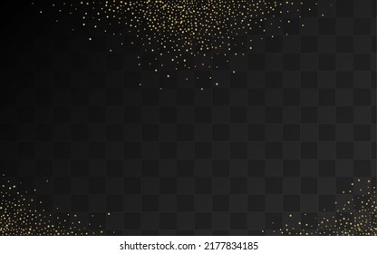 Gelber Polka Luxus Vektortransparenter Hintergrund. Goldene Glow-Postkarte. Festliche Illustration aus glänzendem Staub. Regen isoliertes Banner.