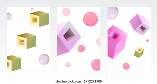 Yellow Polygon Reflection Vector Set White Background. Shape Rhombus Cover. Bright Perspective Brochure. Gold Cube Design.