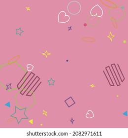 Yellow Polygonal Hearts Violet Pink Sweet Ring Background. Colorful Pastel Stars Bright Green Red Purple Geometrical Design. Zigzag Oval Wave Blue Square Rectangle Circle Hipster Background.