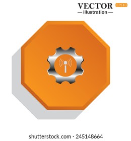 Yellow polyhedron on a white background with shadow, Toothed setting controls via wi-fi network, vector illustration, EPS 10