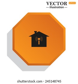 Yellow polyhedron on a white background with shadow, The house is surrounded by a network wi-fi , vector illustration, EPS 10
