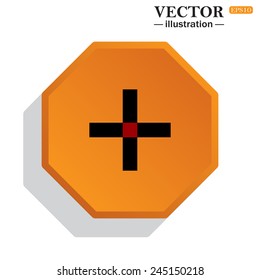 Yellow polyhedron on a white background with shadow, Plus sign icon, vector, EPS 10