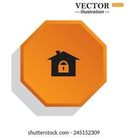 Yellow polyhedron on a white background with shadow, House, access is closed, locked,  vector illustration, EPS 10
