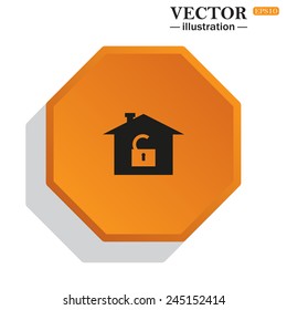 Yellow polyhedron on a white background with shadow, House, access is open, unlocked,  vector illustration, EPS 10