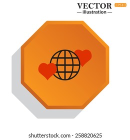 Yellow polyhedron on a white background with shadow.  Icon planet and two red hearts. Symbol of love between the nation. Globe.  vector illustration, EPS 10 