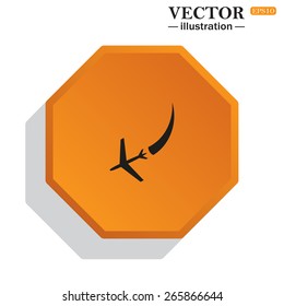 Yellow polyhedron on a white background with shadow.  icon plane. The plane is landing , vector illustration, EPS 10