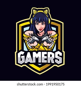 yellow pony hair gamers girl with console mascot logo gaming vector