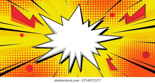 Fondo amarillo de la explosión del cómic del arte pop con la burbuja blanca en blanco del discurso, los relámpagos, y los puntos del semitono en estilo dinámico del cómic. Perfecto para Anuncios, carteles, anuncios, texto de discurso, promociones.