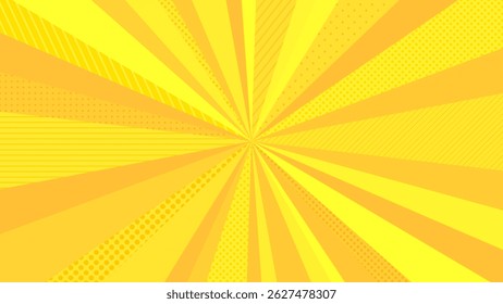 Yellow pop sunburst background with polka dots. Pop bright concentrated line background and promotional template.