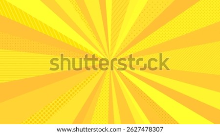 Yellow pop sunburst background with polka dots. Pop bright concentrated line background and promotional template.