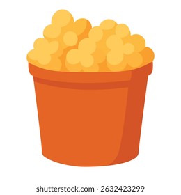 Yellow popcorn in a red paper bucket. Flat vector snack illustration in cartoon style.
