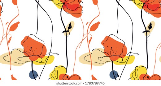 Yellow poppies field seamless pattern in the scandinavian style