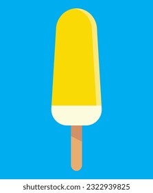Yellow popsicle on blue background, flat style. Yummy ice cream fruit popsicle, summer time concept. Lemon Ice cream icon, frozen dessert refreshing at hot days. Vector illustration EPS 10 