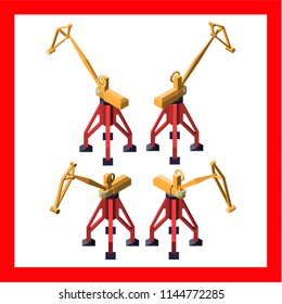 Yellow port cargo crane. Isometry 3D vector. Four of a kind, hand, from different sides. With shadow from one source