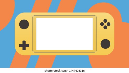 Yellow portable video game Console, handheld gadget for Video Gaming on blue and orange abstract background. Vector Illustration for design, apps and web.  Mock up