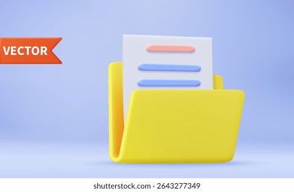 yellow portfolio folder 3d icon. Information plastic file with documentation. folder with files, paper icon. File management concept. 3d rendering. Vector illustration
