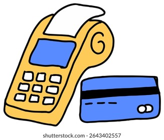 A yellow POS terminal issuing paper beside a blue credit card