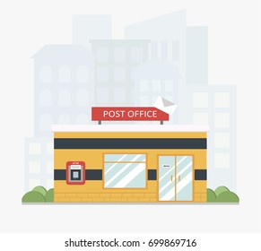 Yellow post office service building with a city scape in the background in flat style. ATM. Colored vector illustration.