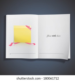 Yellow Post it printed on book. Vector design 