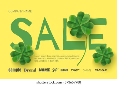 Yellow poster with clover banner and flyer design. The limited time. The largest sale to celebrate St. Patrick's Day.