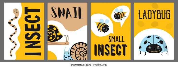 Afiches amarillos con insectos divertidos. Folletos coloridos para publicidad con caracol, abejas, gusanos, mariquita. El concepto de fauna y flora silvestres. Plantilla para folleto o folleto promocional