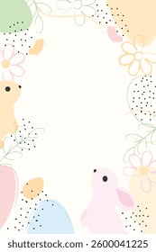 Yellow poster for easter with colorful eggs, bunny and flowers.Banner,background,vector illustration.