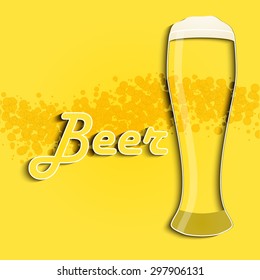 Yellow poster with a glass of beer and bubbles. Vector