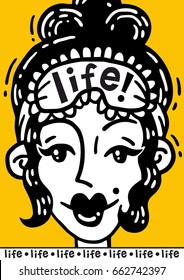 Yellow poster portrait of beautiful woman with bandage for sleep life