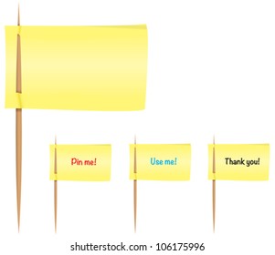 Yellow post-it notes on toothpicks like flags. Vector illustration